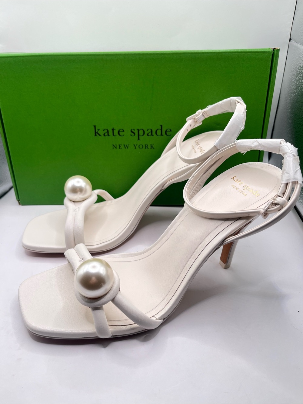 Kate Spade Harmony New Cream 8 Pearl-Accent Ankle Strap Leather Heels